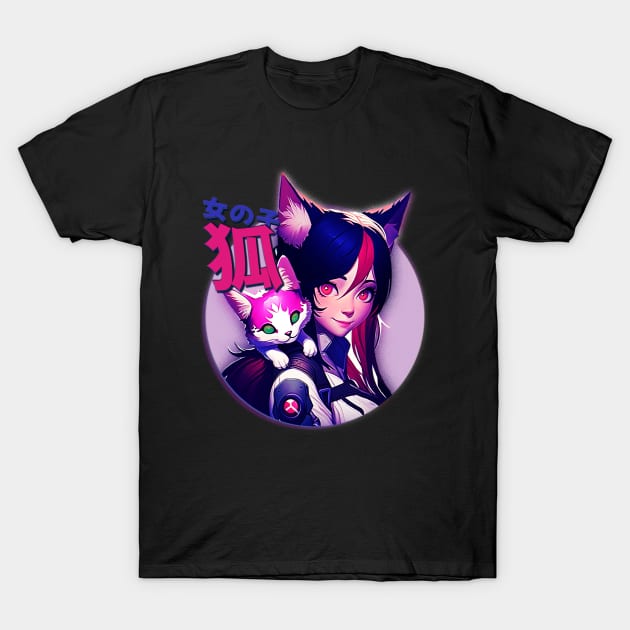 Anime Girl Space Girl Pink Cute Cat T-Shirt by Kali Space